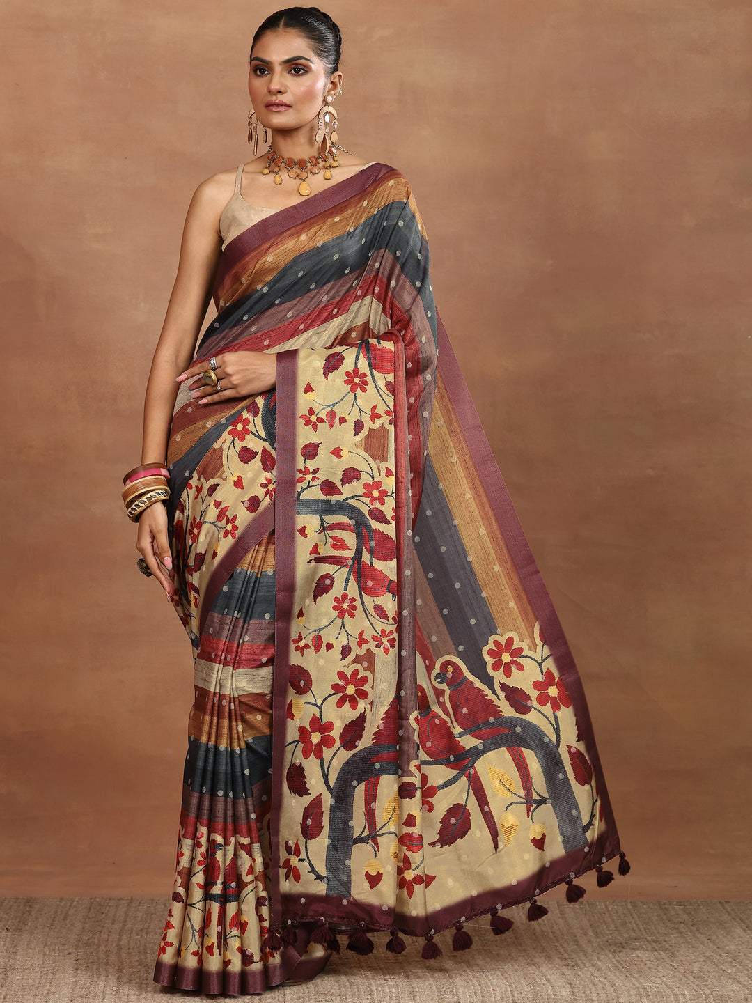 Multi Printed Silk Blend Sarees With Unstitched Blouse Piece