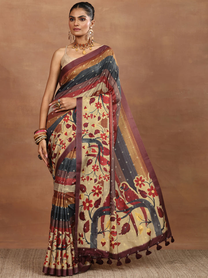 Multi Printed Silk Blend Sarees With Unstitched Blouse Piece