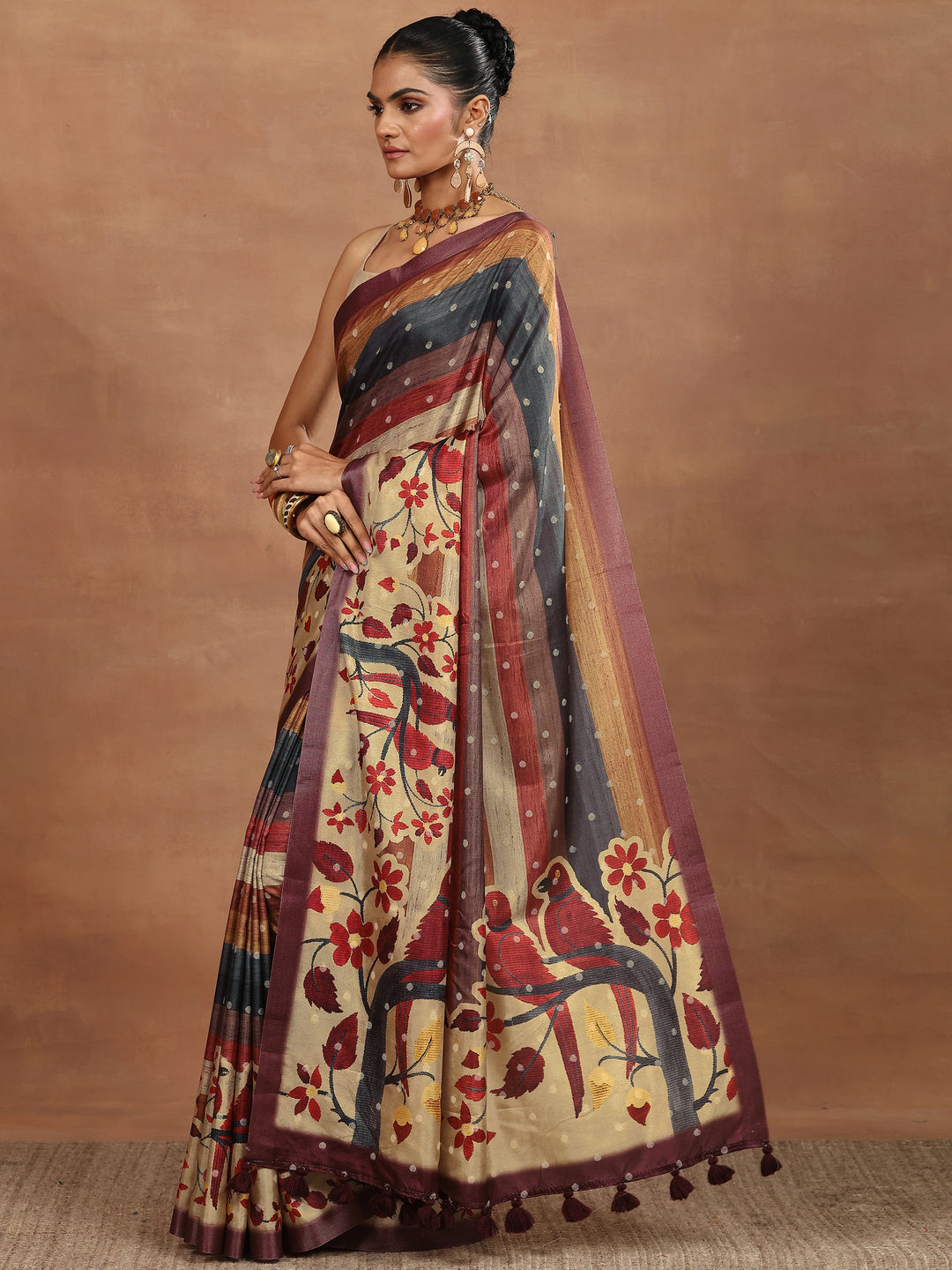 Multi Printed Silk Blend Sarees With Unstitched Blouse Piece