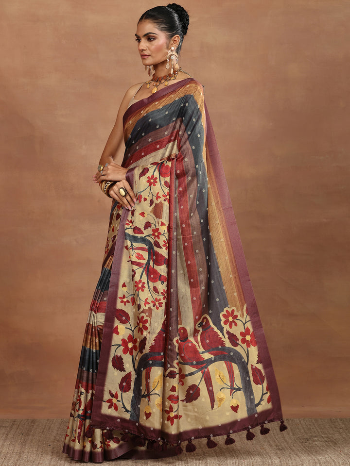Multi Printed Silk Blend Sarees With Unstitched Blouse Piece