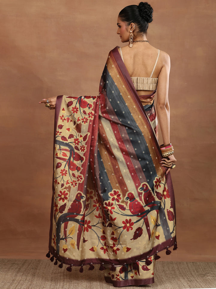 Multi Printed Silk Blend Sarees With Unstitched Blouse Piece