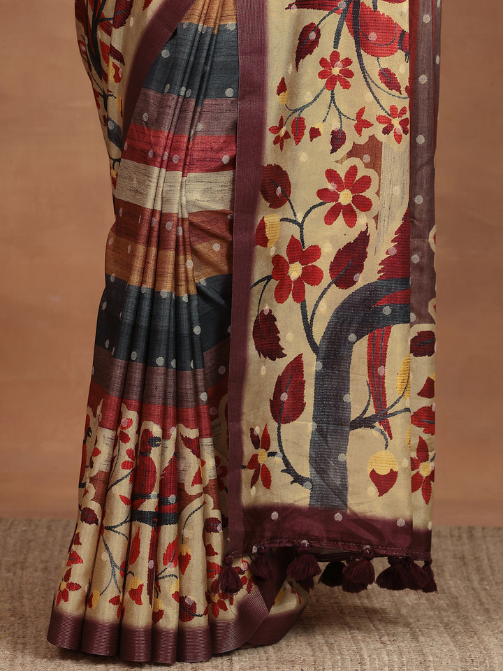 Multi Printed Silk Blend Sarees With Unstitched Blouse Piece