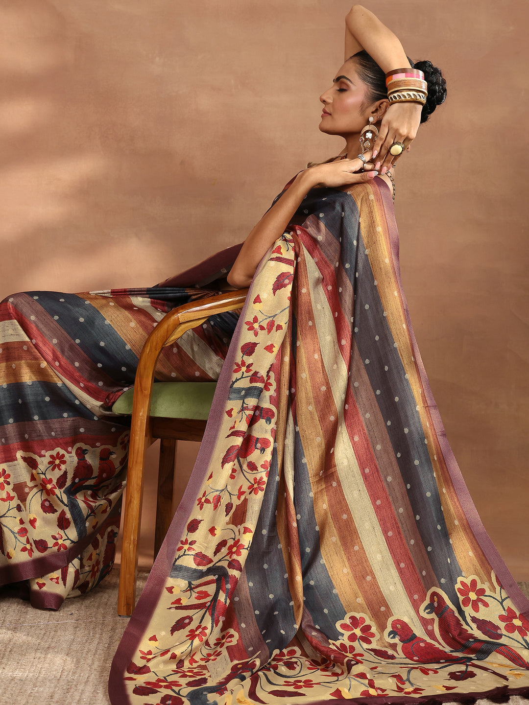Multi Printed Silk Blend Sarees With Unstitched Blouse Piece