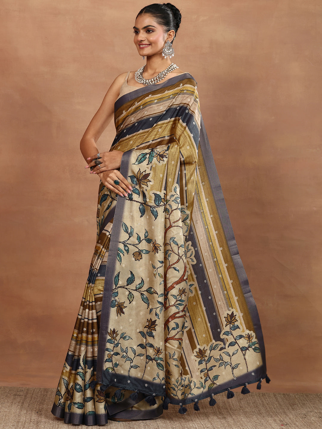 Multi Printed Silk Blend Sarees With Unstitched Blouse Piece