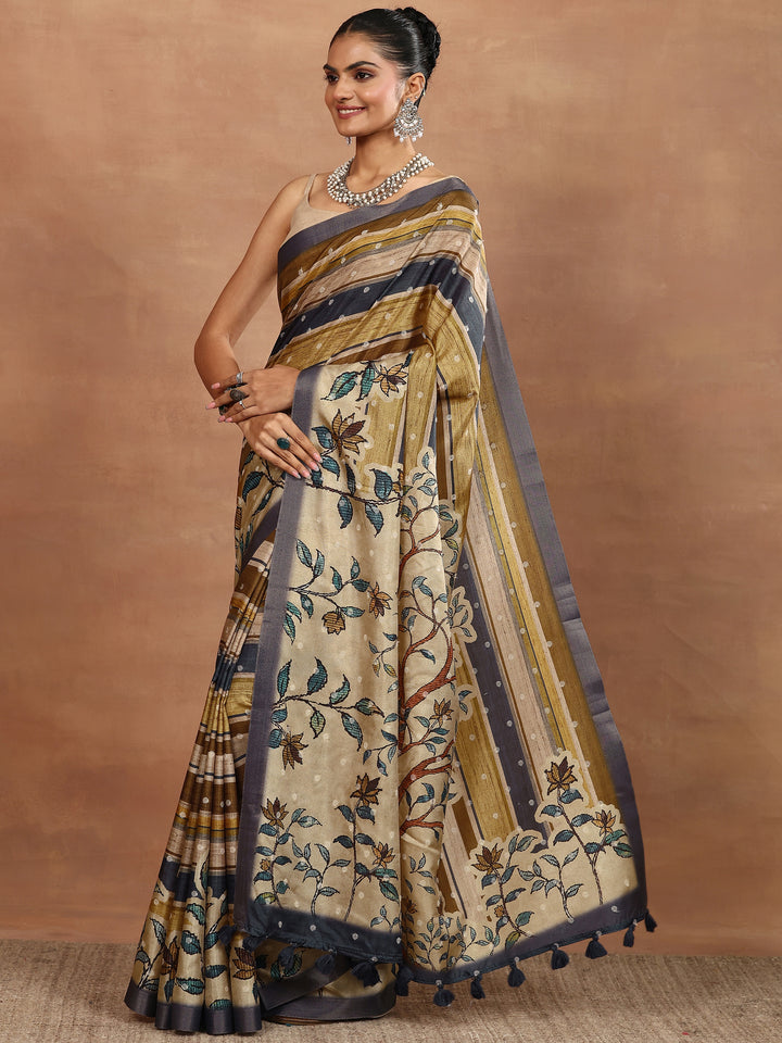Multi Printed Silk Blend Sarees With Unstitched Blouse Piece