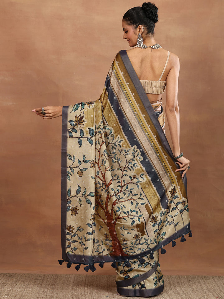 Multi Printed Silk Blend Sarees With Unstitched Blouse Piece