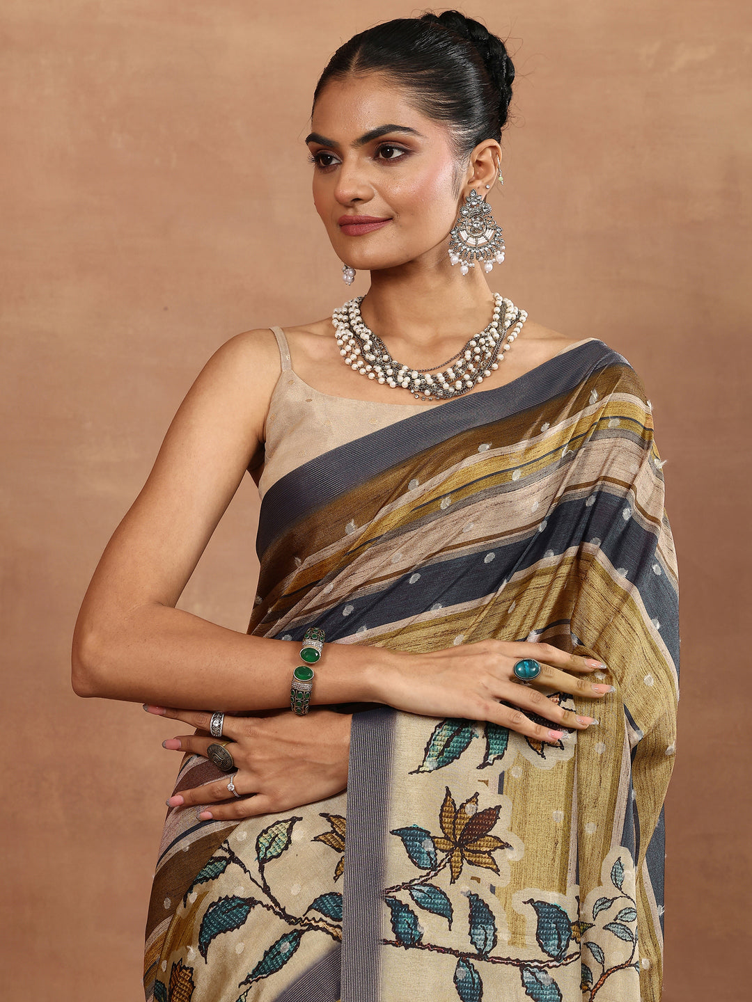 Multi Printed Silk Blend Sarees With Unstitched Blouse Piece
