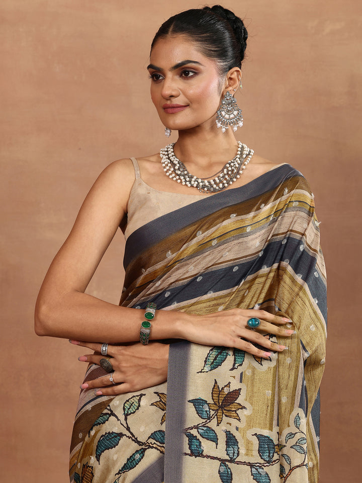Multi Printed Silk Blend Sarees With Unstitched Blouse Piece