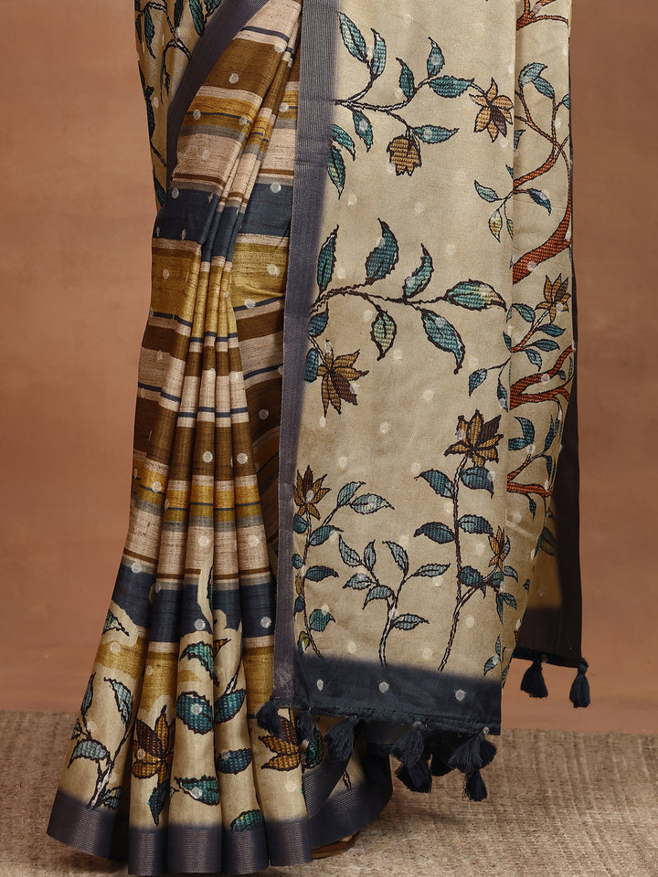 Multi Printed Silk Blend Sarees With Unstitched Blouse Piece