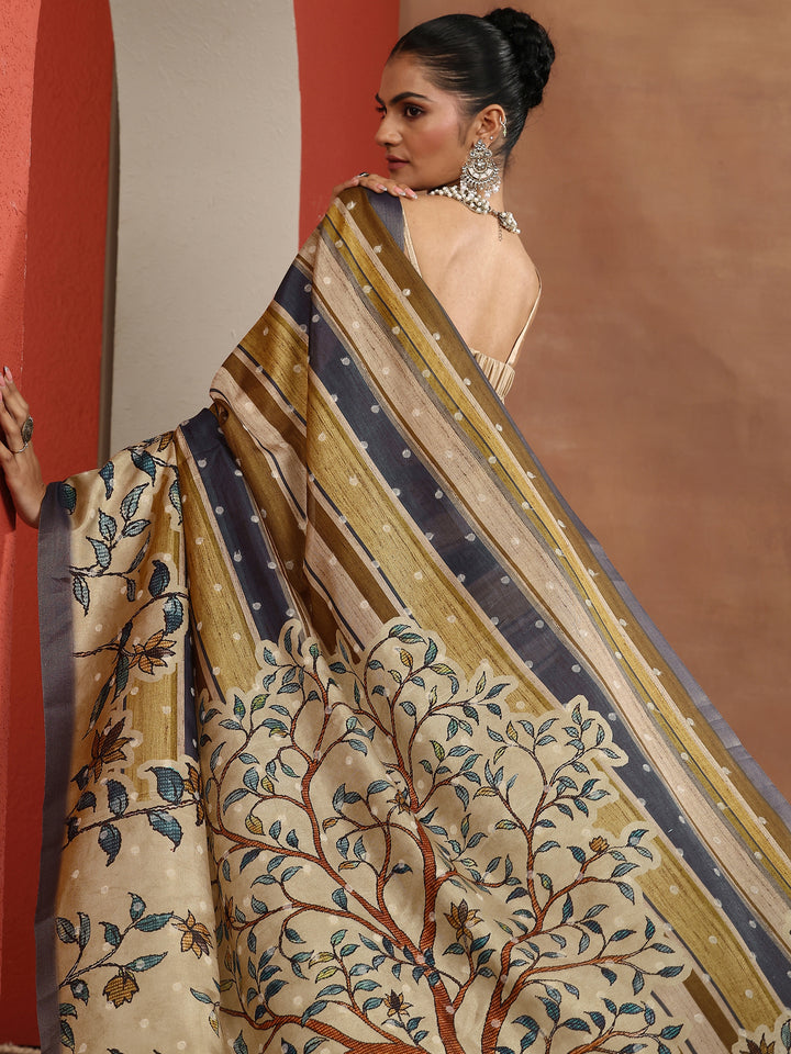Multi Printed Silk Blend Sarees With Unstitched Blouse Piece