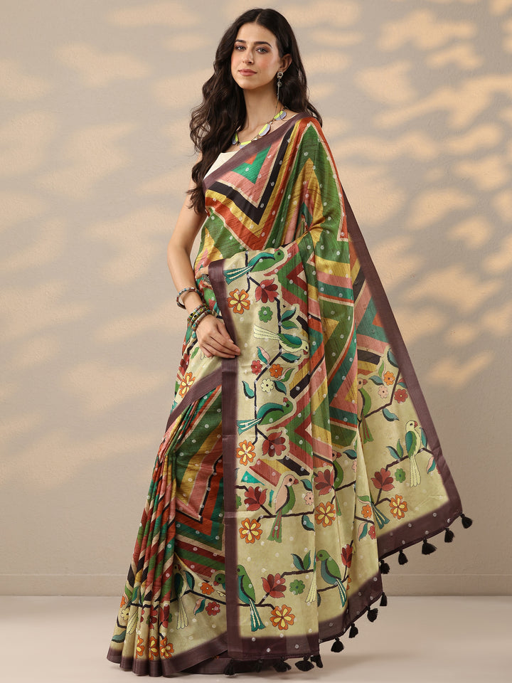 Multi Printed Silk Blend Saree With Unstitched Blouse Piece