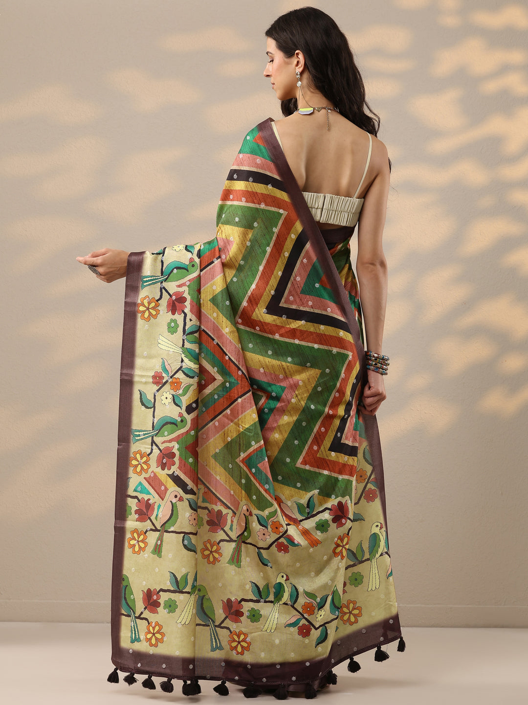 Multi Printed Silk Blend Saree With Unstitched Blouse Piece
