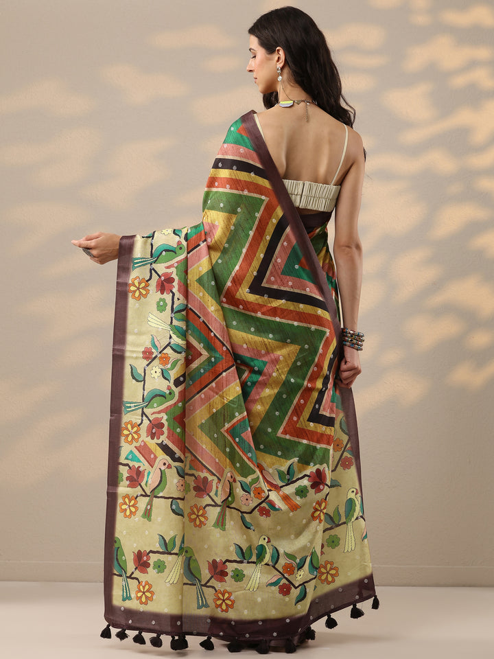 Multi Printed Silk Blend Saree With Unstitched Blouse Piece