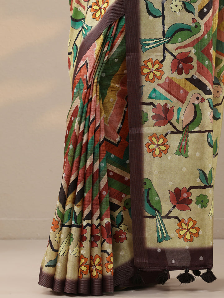 Multi Printed Silk Blend Saree With Unstitched Blouse Piece