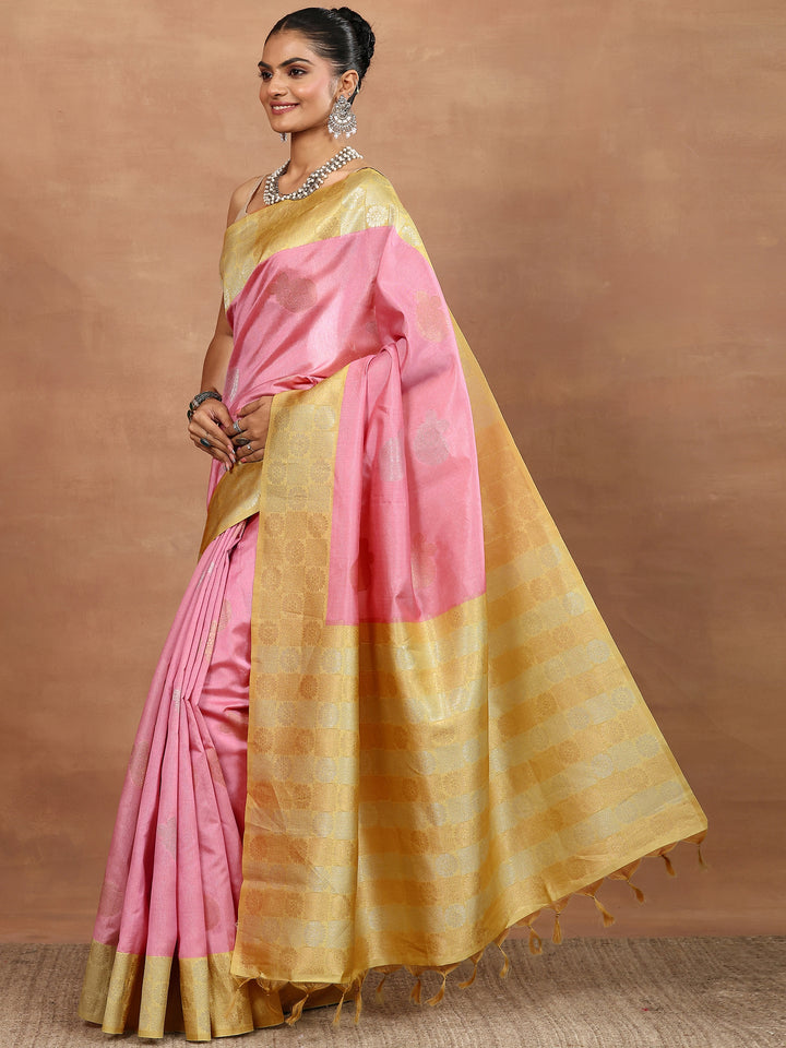 Pink Woven Design Silk Blend Sarees With Unstitched Blouse Piece