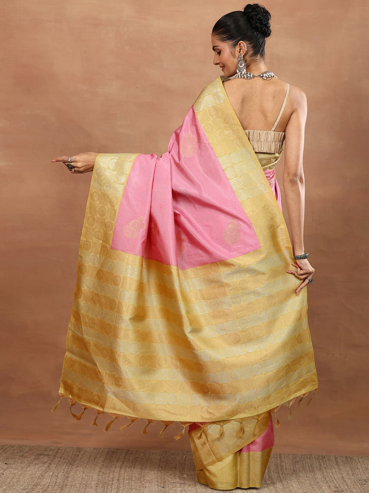 Pink Woven Design Silk Blend Sarees With Unstitched Blouse Piece