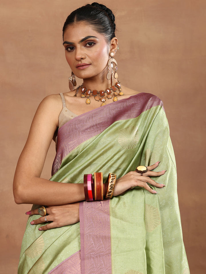 Green Woven Design Silk Blend Sarees With Unstitched Blouse Piece