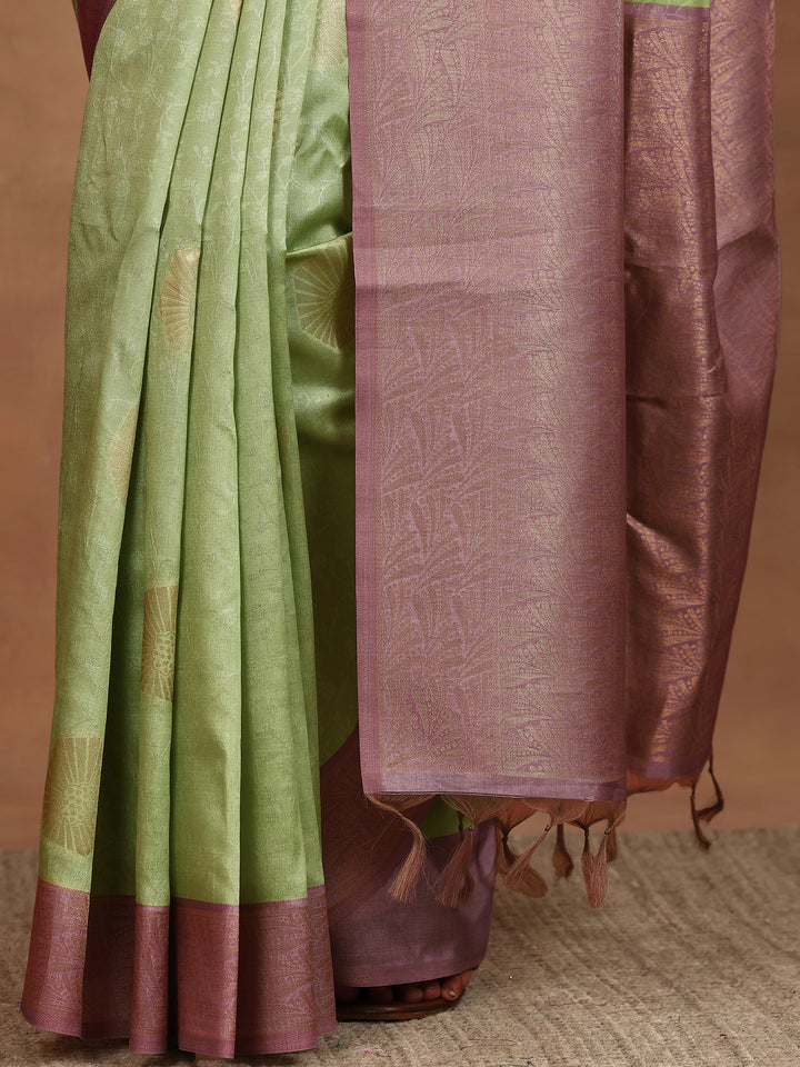 Green Woven Design Silk Blend Sarees With Unstitched Blouse Piece