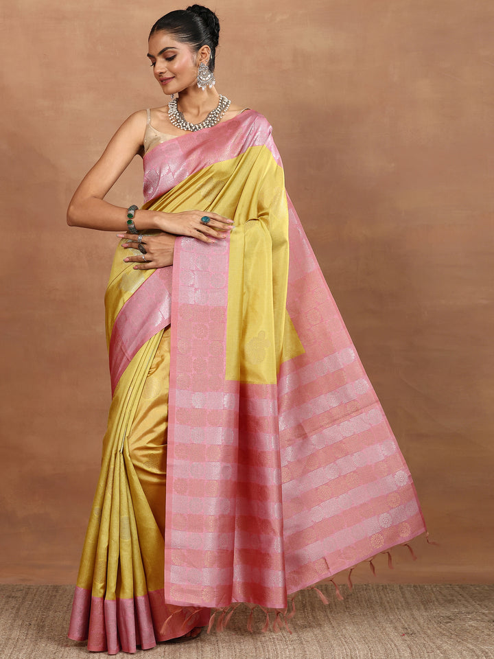 Mustard Woven Design Silk Blend Sarees With Unstitched Blouse Piece