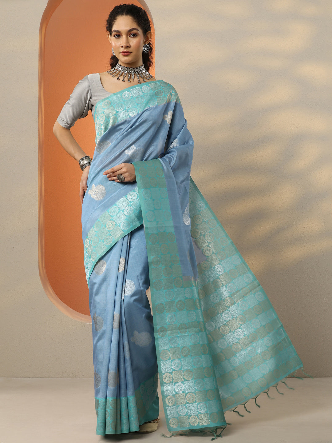 Blue Woven Design Silk Blend Saree With Unstitched Blouse Piece