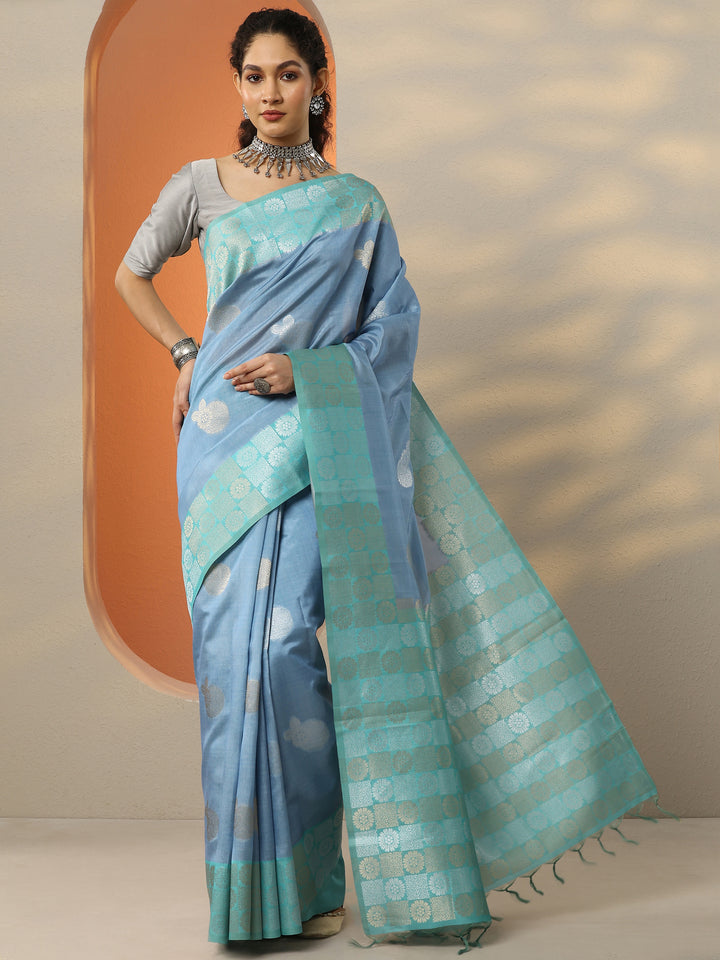 Blue Woven Design Silk Blend Saree With Unstitched Blouse Piece