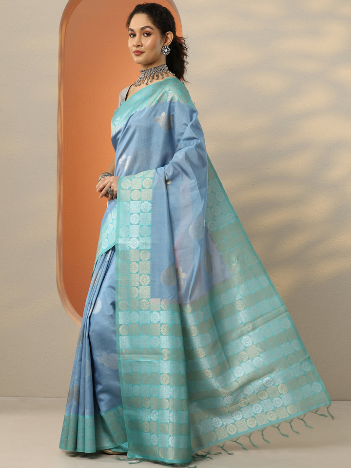 Blue Woven Design Silk Blend Saree With Unstitched Blouse Piece