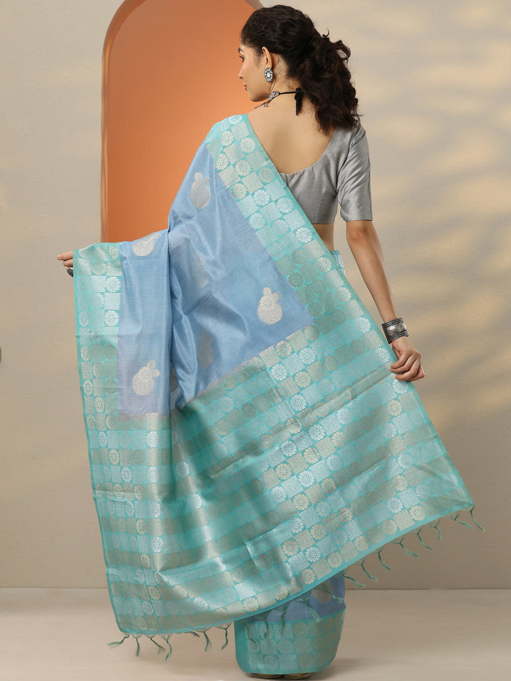 Blue Woven Design Silk Blend Saree With Unstitched Blouse Piece