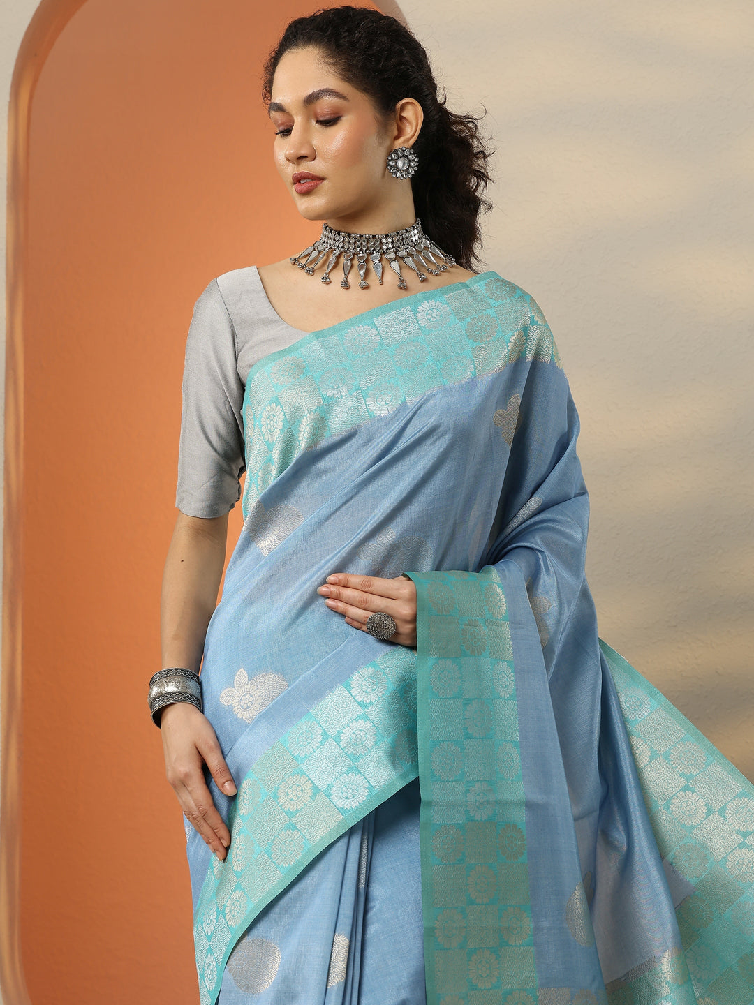 Blue Woven Design Silk Blend Saree With Unstitched Blouse Piece