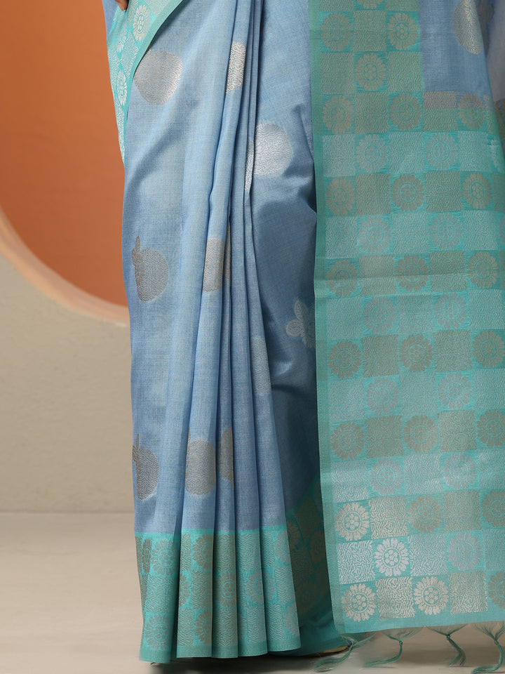 Blue Woven Design Silk Blend Saree With Unstitched Blouse Piece
