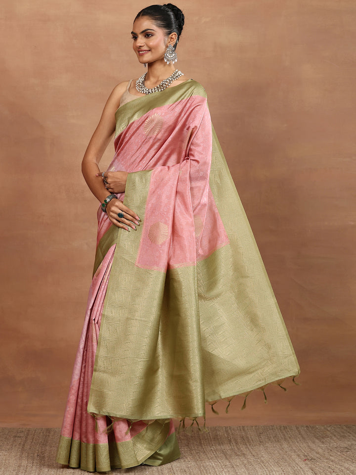 Pink Woven Design Silk Blend Sarees With Unstitched Blouse Piece