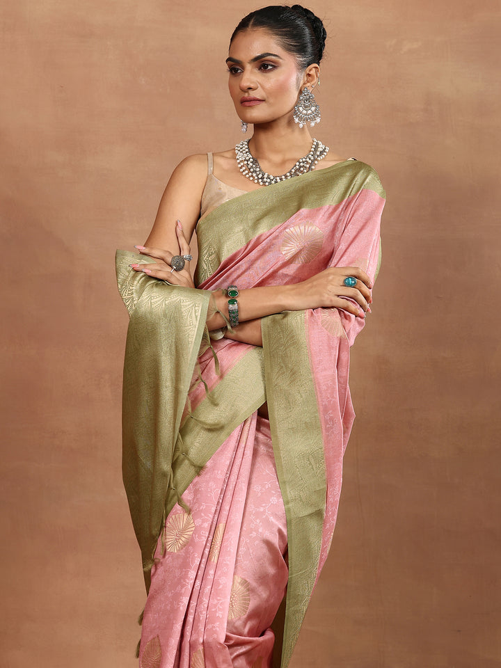 Pink Woven Design Silk Blend Sarees With Unstitched Blouse Piece