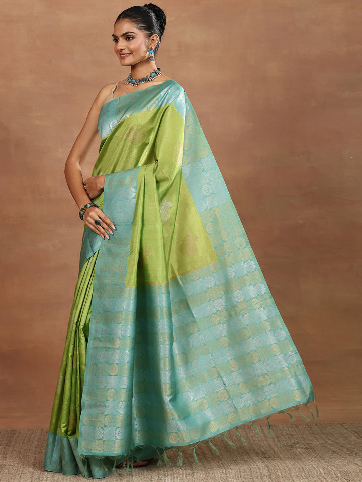 Green Woven Design Silk Blend Sarees With Unstitched Blouse Piece
