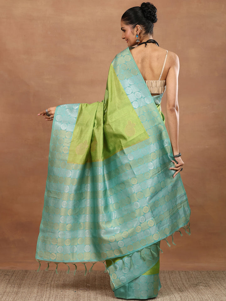 Green Woven Design Silk Blend Sarees With Unstitched Blouse Piece