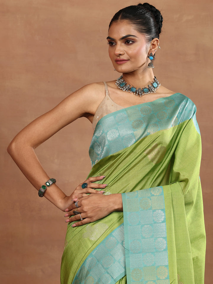 Green Woven Design Silk Blend Sarees With Unstitched Blouse Piece