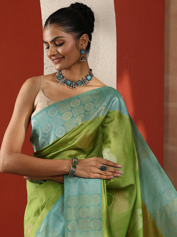 Green Woven Design Silk Blend Sarees With Unstitched Blouse Piece