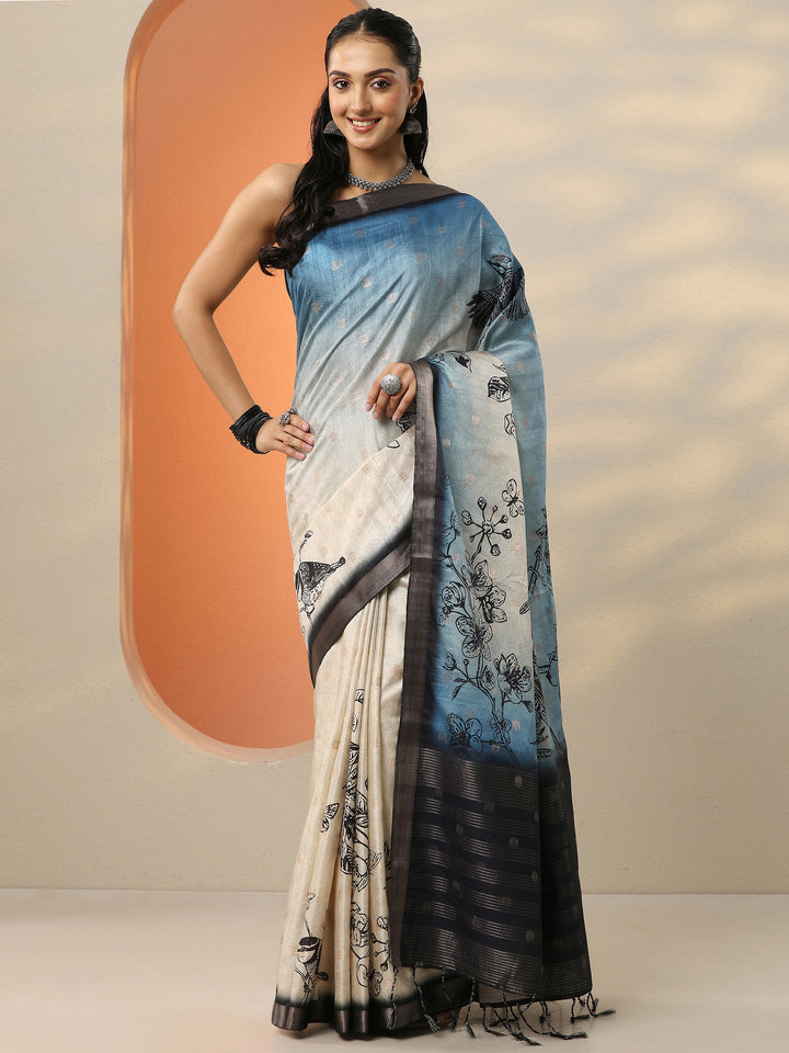 Beige Printed Silk Blend Saree With Unstitched Blouse Piece
