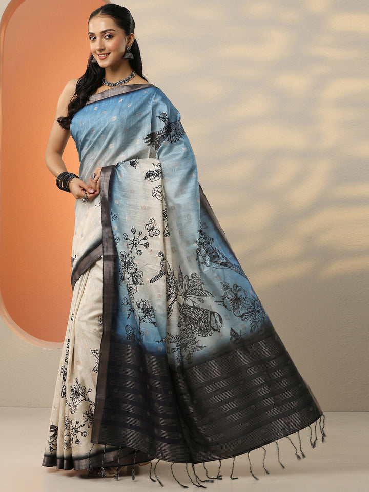 Beige Printed Silk Blend Saree With Unstitched Blouse Piece