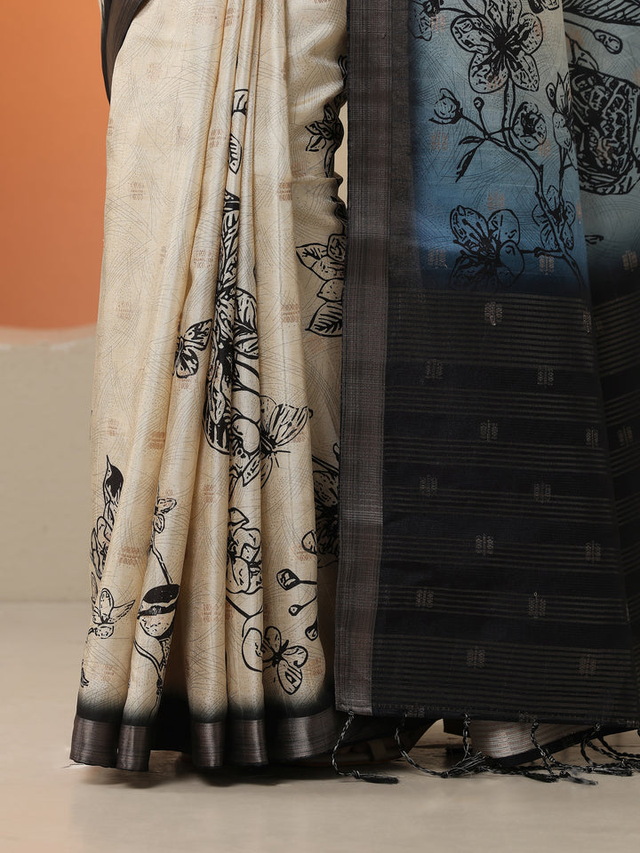 Beige Printed Silk Blend Saree With Unstitched Blouse Piece