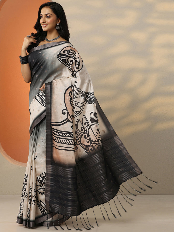Beige Woven Design Silk Blend Saree With Unstitched Blouse Piece