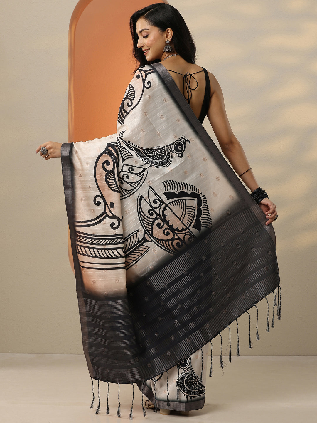 Beige Woven Design Silk Blend Saree With Unstitched Blouse Piece