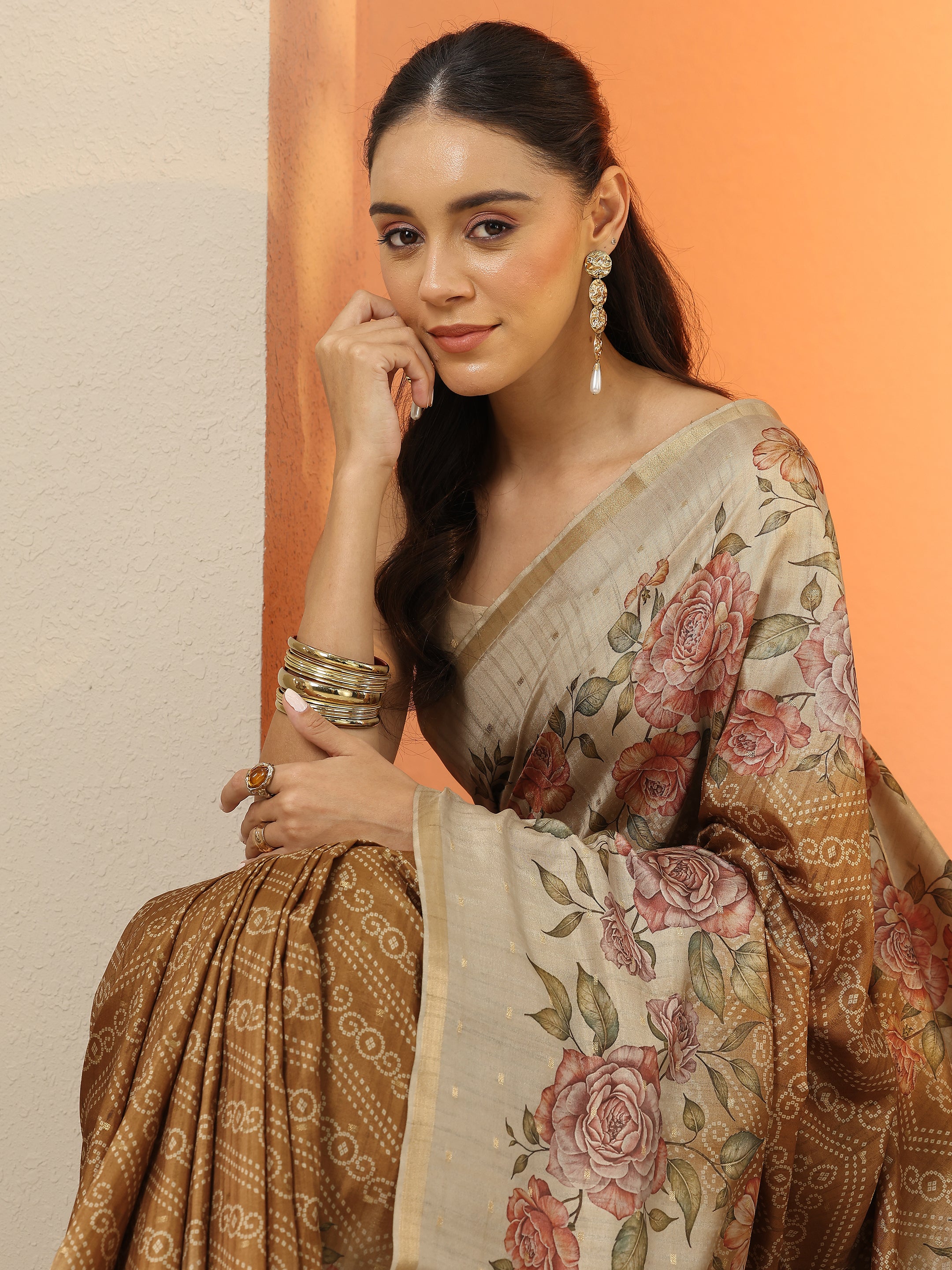 Multi Tribal Printed Silk Blend Saree With Unstitched Blouse Piece