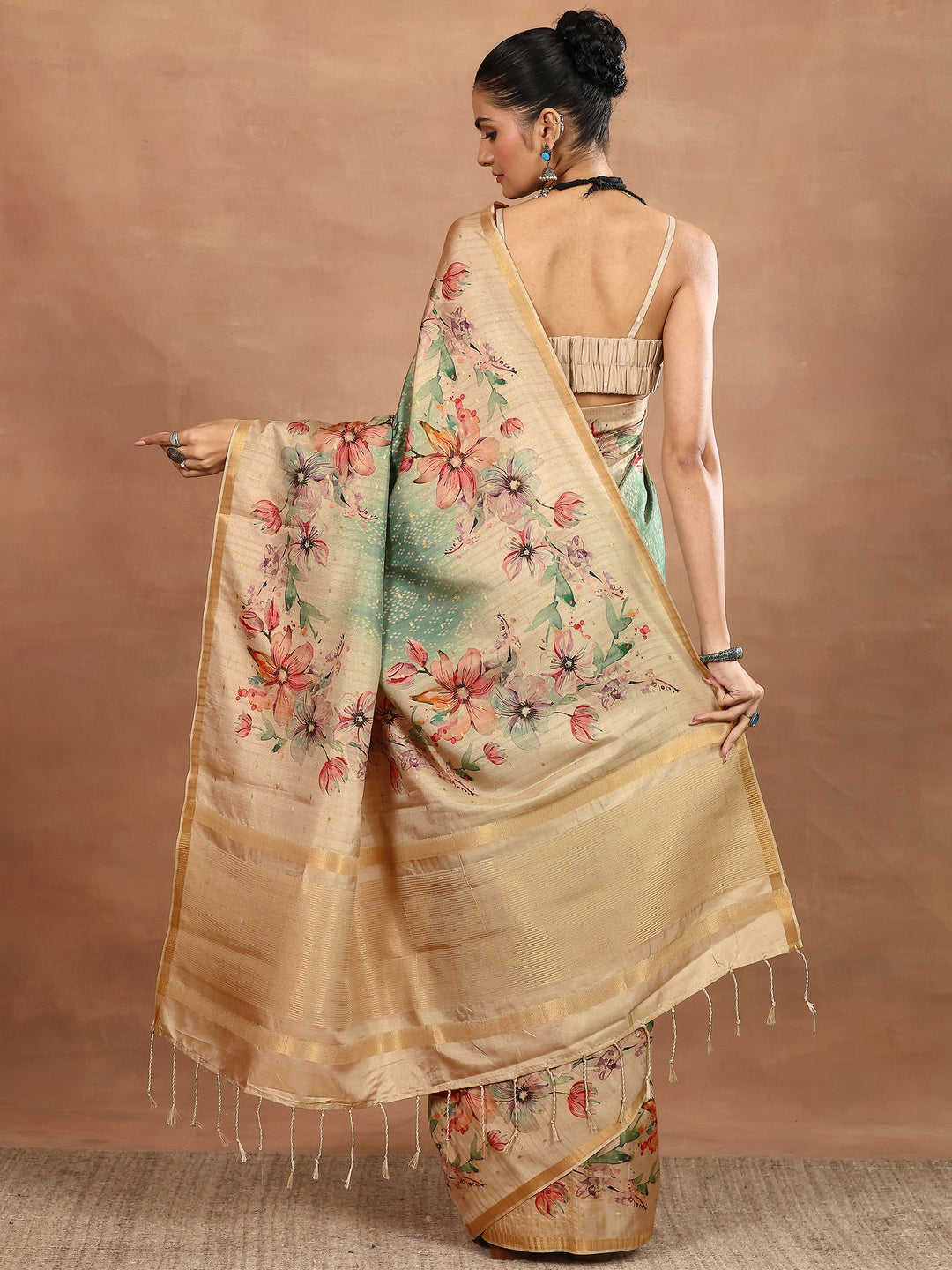 Green Printed Silk Blend Sarees With Unstitched Blouse Piece