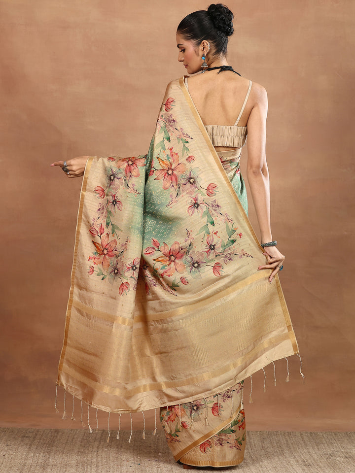 Green Printed Silk Blend Sarees With Unstitched Blouse Piece