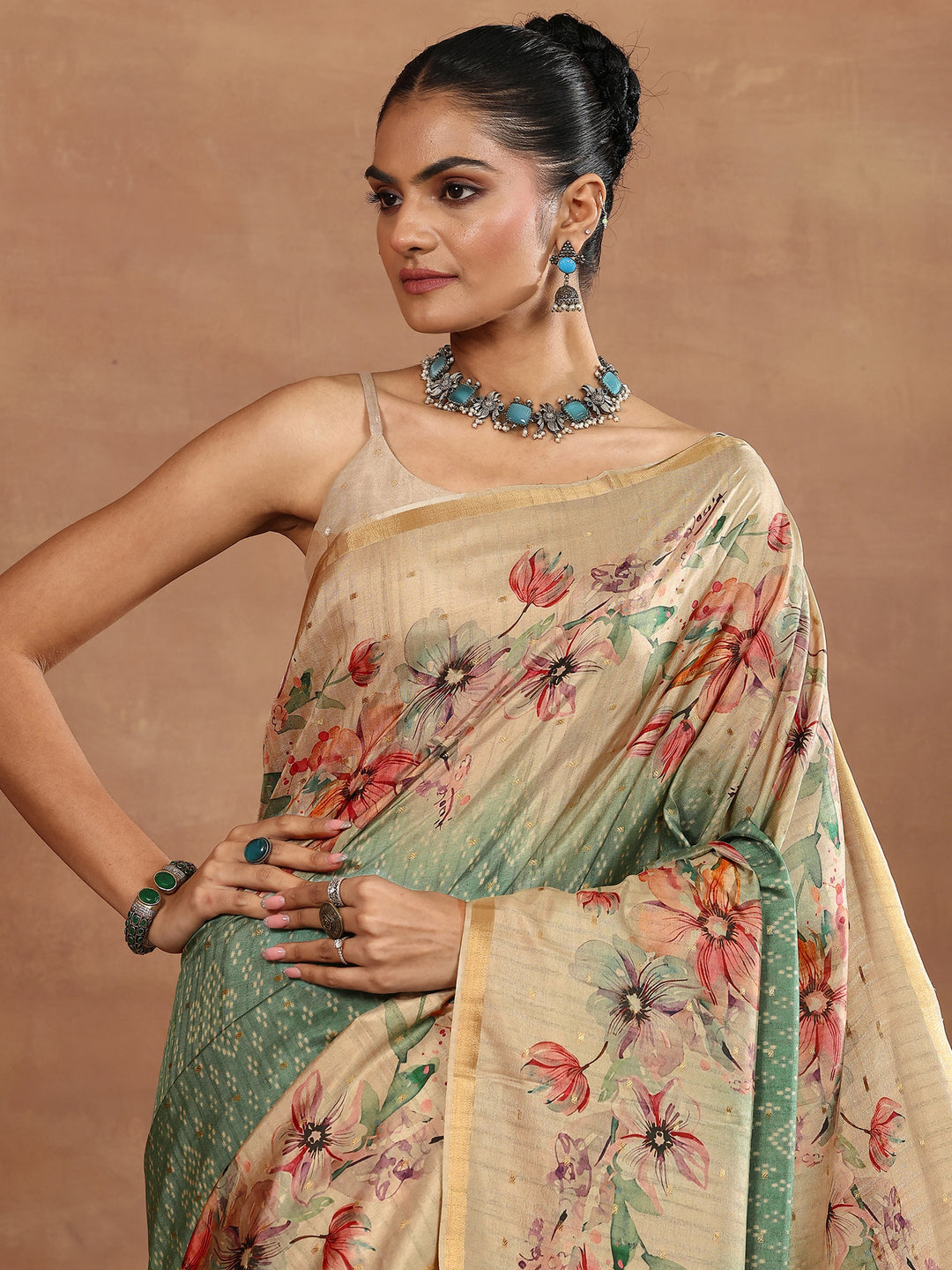 Green Printed Silk Blend Sarees With Unstitched Blouse Piece