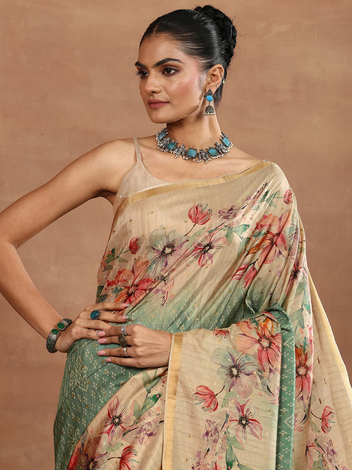 Green Printed Silk Blend Sarees With Unstitched Blouse Piece