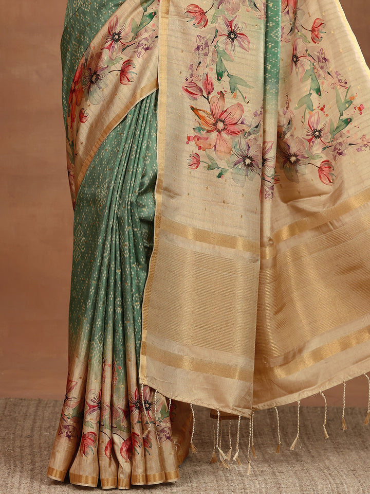 Green Printed Silk Blend Sarees With Unstitched Blouse Piece