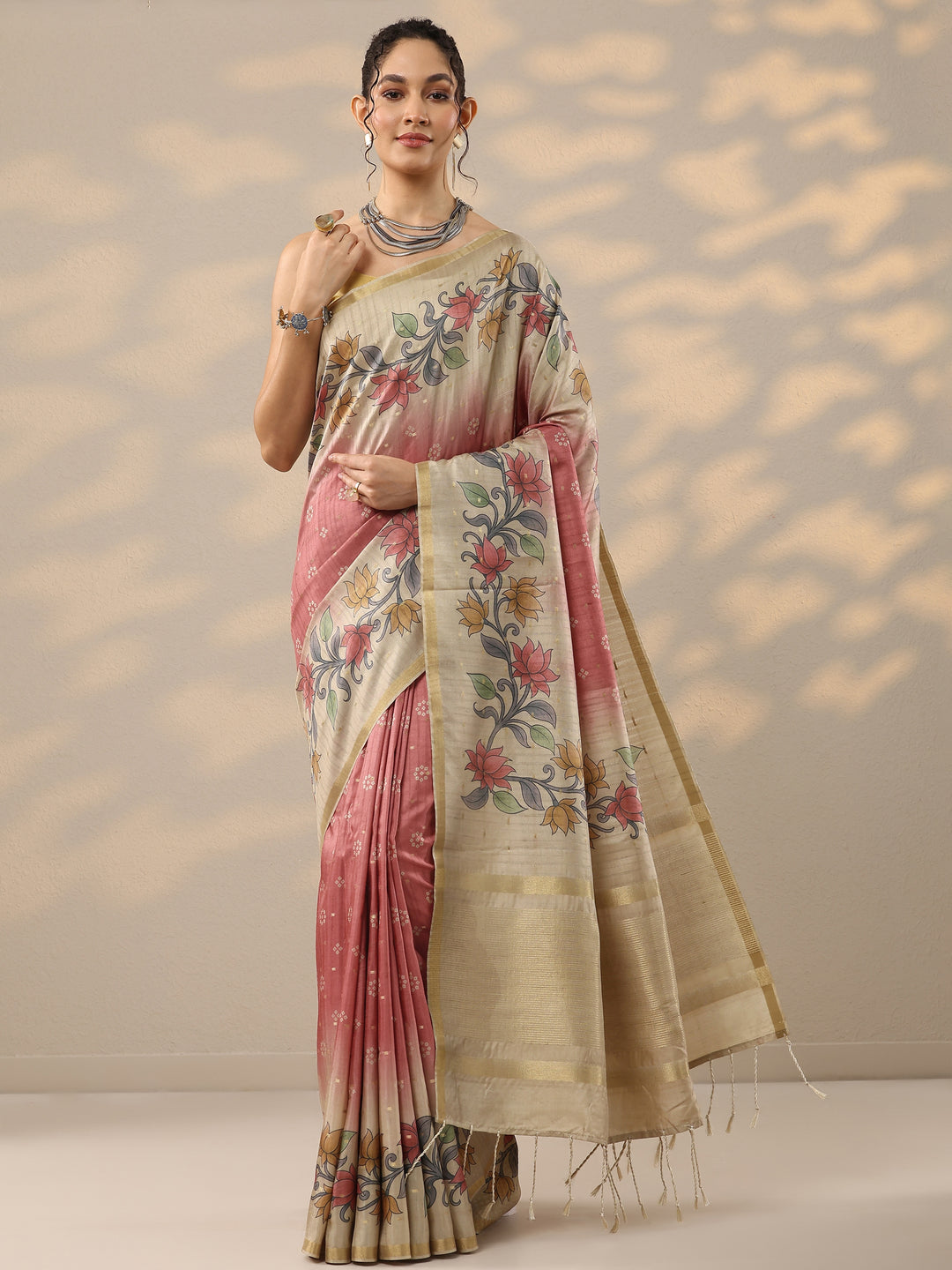 Peach Printed Silk Blend Sarees With Unstitched Blouse Piece