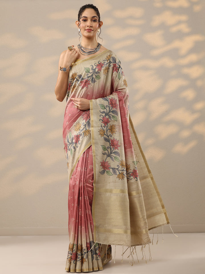 Peach Printed Silk Blend Sarees With Unstitched Blouse Piece