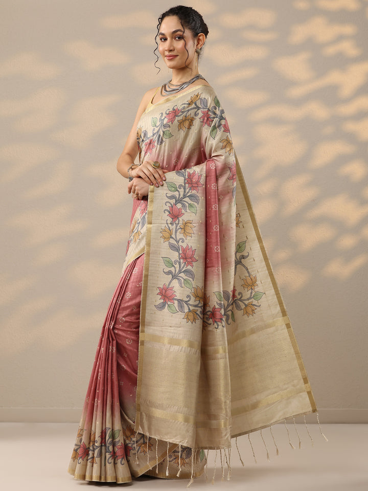 Peach Printed Silk Blend Sarees With Unstitched Blouse Piece