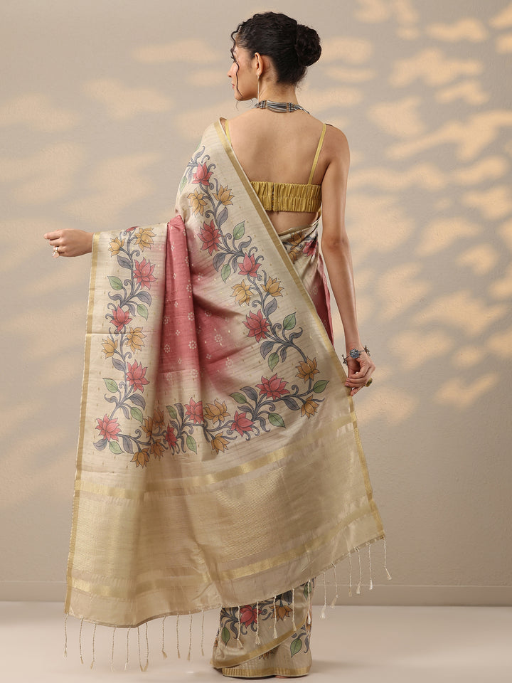 Peach Printed Silk Blend Sarees With Unstitched Blouse Piece